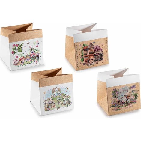 Sacs en papier blanc et kraft motif printanier, lot de 24, 16 x 15 x H. 16 cm