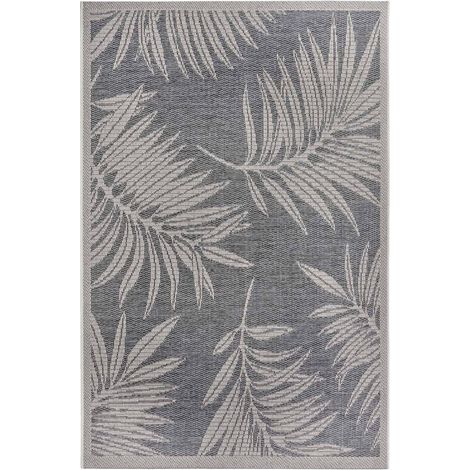 Tapis exterieur 190 x 290 cm, motif nature floral kilim, gris, beige, tissé pour extérieur, design original et structure plate