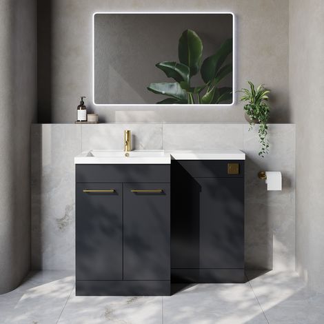 Napoli 460 Gloss Grey 1100mm 2 Door Vanity Unit Toilet Suite with Left Hand Square Lucia Basin - 1100mm - Brushed Brass 160mm HandleWithout Kingston Toilet Pan
