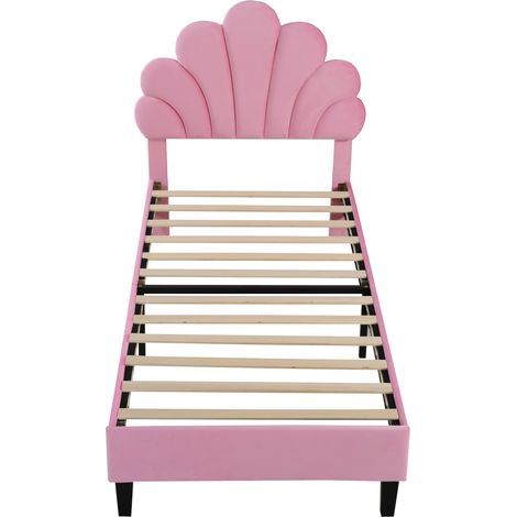 Letto bambino imbottito 90 x 200 cm in velluto rosa con testiera a fiore e rete a doghe HOMVRA (1/5)