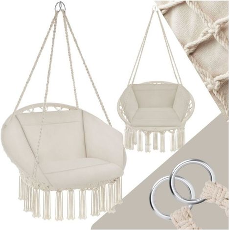 Fauteuil Hamac suspendu design 1 Place Extèrieur Intèrieur avec Coussin confortable en Coton Beige - beige (1/5)