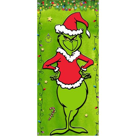 Décoration de porte Grinch vert, rideau de porte suspendu, bannière - 90 x 180 cm (œillets + ruban) - Style 26