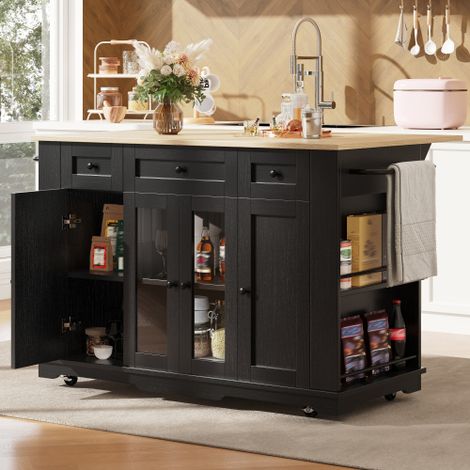 Kücheninsel, abnehmbare Trennwände, Küchenschrank, Esszimmerwagen mit Arbeitsplatte, Buffetschrank, Esszimmerwagen mit Holzmaserung, Buffetschrank, Schrank aus gehärtetem Glas, Schwarz