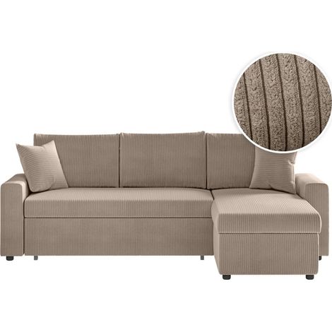 Loungitude – Canapé d'angle convertible réversible en velours côtelé – Grand coffre de rangement – Couleur taupe – Confort optimal pour invités (1/5)