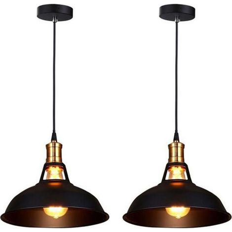 2 Pack Pendant Light Industrial Light Shade E27 Metal Hanging Lights for Bedroom Living Room Lounge Hall (Black)