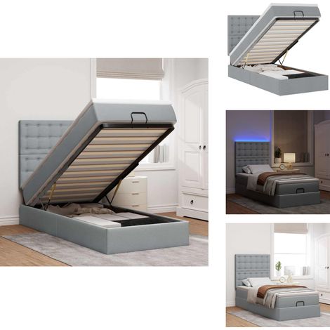 Ottoman-Bett mit Matratze & LEDs Hellgrau 90x190 cm Stoff - Ottoman-Bett - Ottoman-Betten - Bettrahmen - Bettgestell (1/5)
