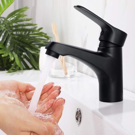 Robinet Lavabo Noir en Acier Inox 304 Sans Plom, Mitigeur Lavabo Mignon avec Aérateur Démontable, Mitgeur Salle de Bain Noir Mat à Eau Froide et Chaude (1/3)