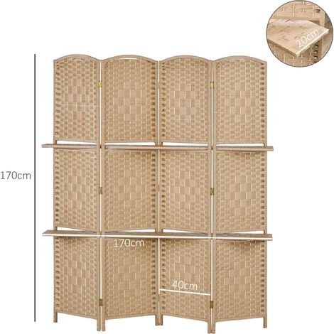 Paravent pliable naturel 4 panneaux 160x170 cm avec 2 étagères, idéal pour diviser l'espace tout en offrant un rangement décoratif pratique et chaleureux. (1/5)