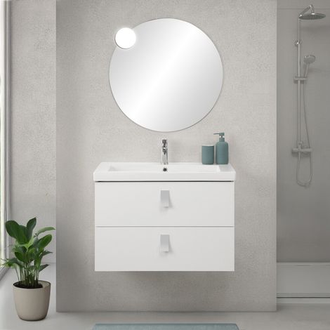 Mobile bagno sospeso 80 cm in bianco frassino con lavabo e specchio tondo Bravo (1/5)