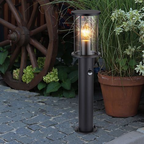 Stehleuchte Wegeleuchte Gartenlampe Außenlampe Metall schwarz Glas rauch Bewegungsmelder Edelstahl, 1x E27, H 60 cm