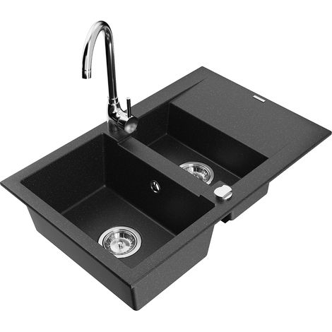 Mexen Gaspar lavello in granito 1,5 vasche con scolapiatti e rubinetto da cucina Telma, nero/argento - 6507-73-670200-00 (1/5)