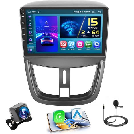 [2+64GB] Android 15 Autoradio, Carplay Android Auto sans Fil, pour 207 2006-2015 Radio Poste Radio Voiture Écran Tactile 9'' Bluetooth Mirror Link WiFi GPS FM RDS USB + Caméra de Recula (1/5)