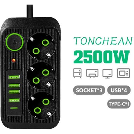 Multiprise murale avec prises et ports USB port C en pour le bureau à domicile 3 4 1 8 noir (1/4)