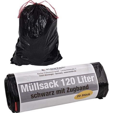 KesTek Müllsäcke Abfallsäcke Müllbeutel Zugbandbeutel 120L 20 Stück LDPE 40µm Schwarz (1/4)