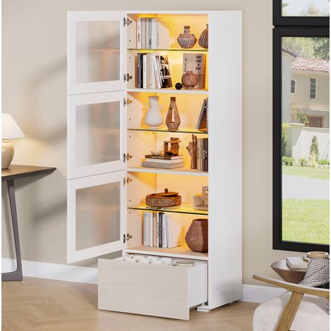 Hochvitrine 60 x 40 x 173 cm mit LED, 3 Acryl-Türen, 1 Schublade, weiß OKMYHOME (1/5)
