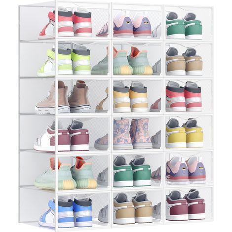 Boîtes à Chaussures, Organisateurs en Plastique, avec Porte, Lot de 18, Empilables, Montage Facile, 33,2 x 23 x 14,5 cm, pour Pointure jusqu'à 43, Transparentes et Blanc Nuage LSP318W01 (1/5)