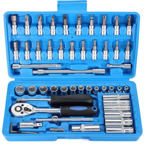 53PCS Coffret de Douilles, Coffret de Embouts, Lot Douilles et Cliquet, Jeu Coffret Douille Clé à Cliquet de Dégagement, Coffret de Douilles et Embouts Clés à Cliquet 1/4" 72 Dents (Bleu) (1/5)