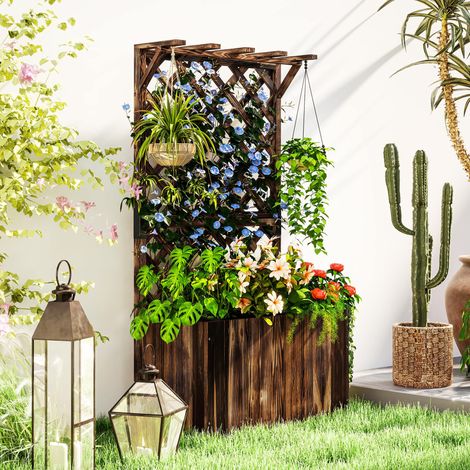 Jardinière surélevée avec treillis, bac à fleurs en bois, treillis de jardin 64 x 33 x 122 cm, finition carbonisée (1/5)