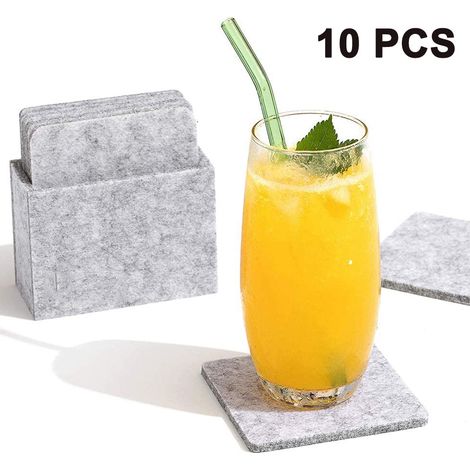 Ensemble de 10 dessous de verres carrés décoratifs en feutre avec boîte de rangement - lavables - pour verres, tasses, table, bar (1/5)