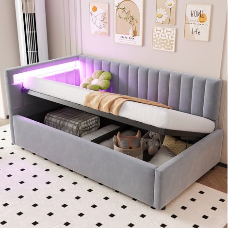 Cama tapizada 90x200 cm gris de terciopelo con almacenaje hidráulico y LED (1/5)