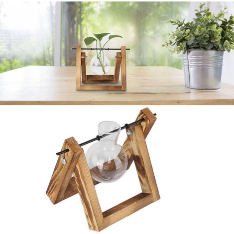 Terrarium de Plantes Support Bois Naturel Vase en Verre Borosilicate Déco Vintage pour Bureau et Maison (1/5)