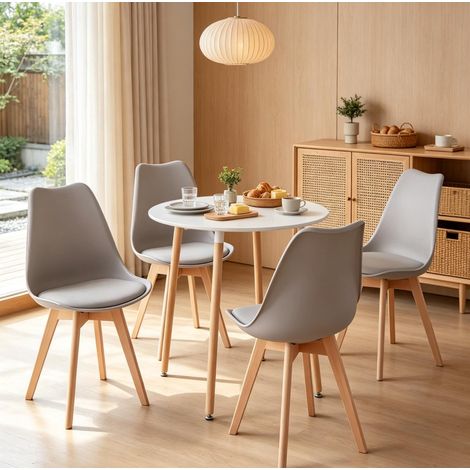 Ensemble table ronde 80x80x75 cm en bois gris et blanc, 4 chaises pour salle à manger – MEUBLIV (1/5)