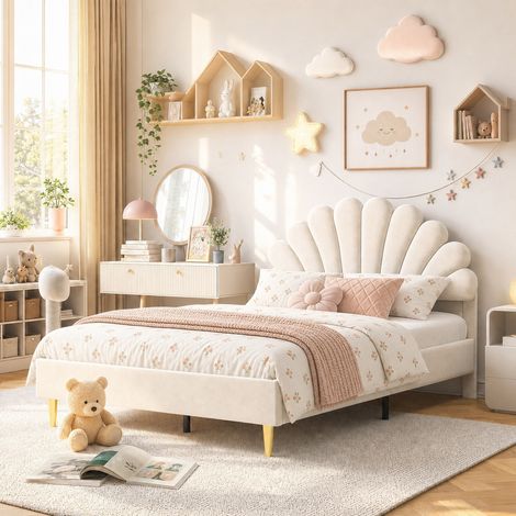 Lit double capitonné 140x190 cm, velours beige, tête de lit fleurie rembourrée, structure robuste, sommier à lattes, style scandinave, pour chambre (1/5)