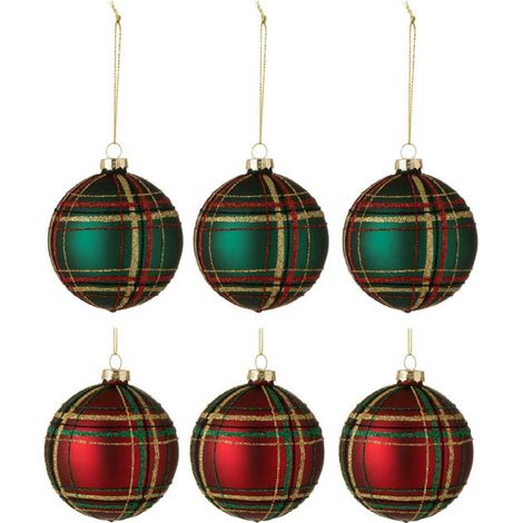 Lot de 6 Boules de Noël "Quadrillé" 8cm Vert & Rouge (1/3)