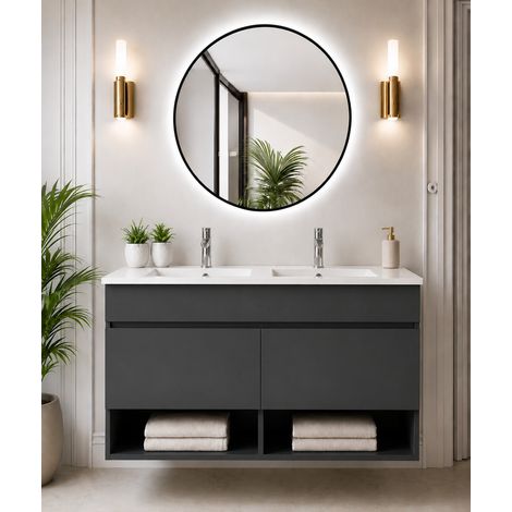 Badmöbel hängend mit Waschbecken extra flach ORIGENBATH NEBARI mit Türen ohne Spiegel 120x45 cm Doppelwaschbecken graphit