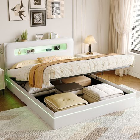 Lit coffre 160x200,lit double capitonné,avec sommier à lattes,éclairage LED,tête de lit avec rangement,tissu en velours,beige (1/4)