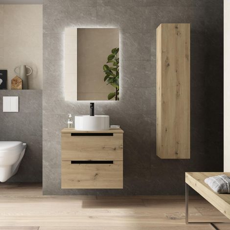 Mueble de Baño LENI 60cm Roble 2 cajones Lavabo sobre encimera 1 poza Porcelana (1/5)