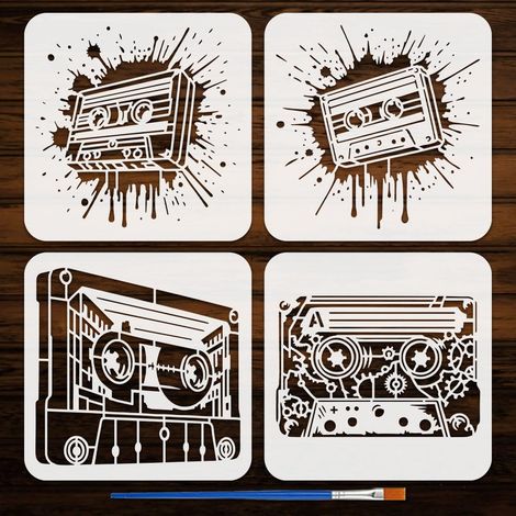 4Pcs Pochoirs Ruban Magnétique Avec Pinceau Plastique 20x20cm Pochoir Cassette Graffiti Gabarit Thème Graffiti pour Dessin sur Meuble Mur Sol Tissu Décoration DIY (1/5)