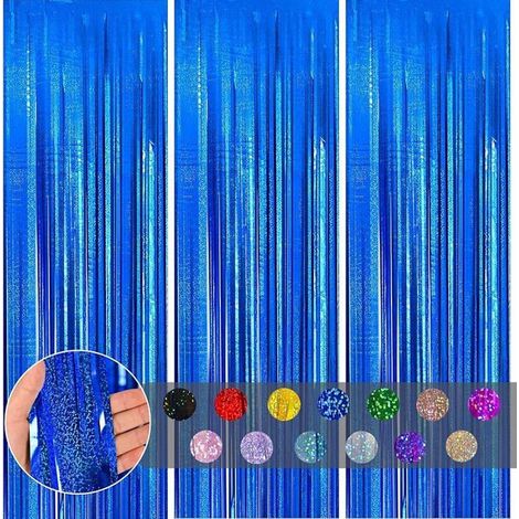 3 pièces Rideau Métallique Frange Bleu, 1mx2m Scintillants Foil Rideau Shimmer Décoration Anniversaire Laser Bleu RIDEAU (1/5)