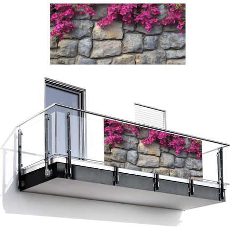 Balcony Privacy Banner Bougainvillea - Stone Wall - Pink 200x90 cm (1/4)