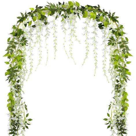 4 Meter langer künstlicher Glyzinienkranz mit weißen Blüten und künstlichen Efeublättern zur Balkondekoration bei Hochzeiten (1/5)