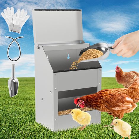 TolleTour Mangiatoia per polli in acciaio zincato, capacità 5 kg, per polli e pollame, da terra o fissaggio a parete, distribuzione pratica del mangime (1/5)