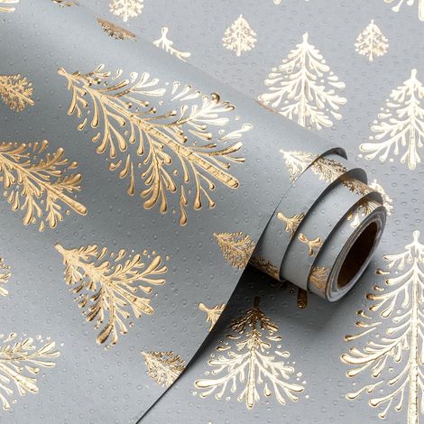 Rouleau de Papier d'Emballage de Noël Kraft 3D - Mini Rouleau - 43,2 cm x 5 m - Conception d'Arbre de Noël Or et Gris Clair avec Relief Parfait pour Les Vacances, Célébration de Fête (1/5)