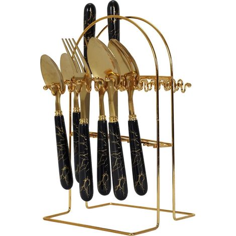 Ménagère 24 pièces en inox doré manches noirs en plastique et support assorti