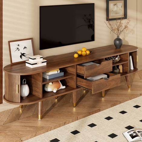DESMIU Meuble TV 175 cm avec porte coulissante en rotin, 1 porte, niches ouvertes et tiroirs, pour salon, MDF, noyer (1/5)