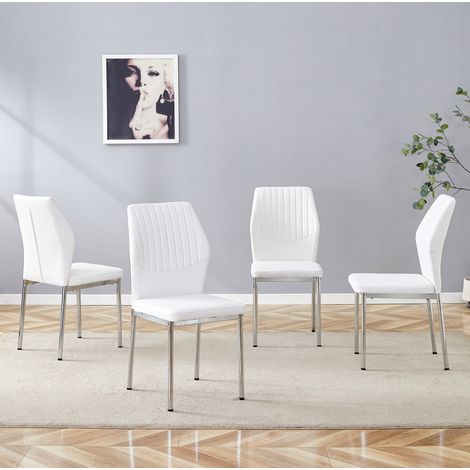 Set di 4 sedie da pranzo in PU bianco e metallo argento, moderne, con schienale imbottito,43×42.6×93cm (1/5)