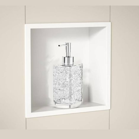 Premium white stainless steel shower niche with 320 x 320 x 125 mm countertop. No tiles required. Recessed shower shelf for bathroom storage. Wall-mounted.