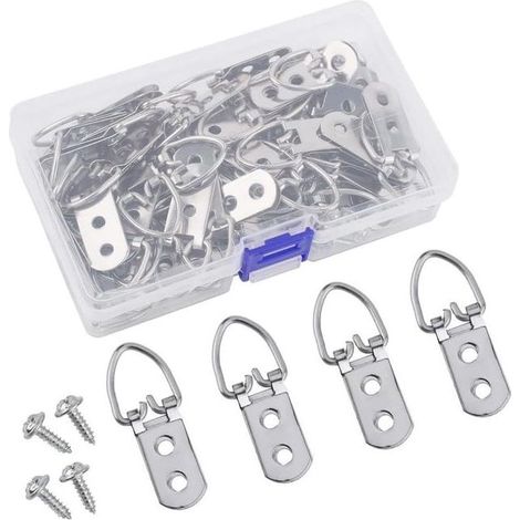 Lot de 50 anneaux en D pour cadre photo, double trou de suspension avec vis, anneaux en D pour peinture, photos, uvres d'art (1/5)