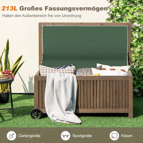 Box da giardino in legno 213 l contenitore con ruote con cuscino e rivestimento in pe impermeabile 114 x 585 x 51 cm marrone