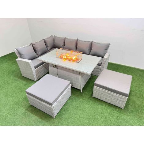 Fimous 8 Seat Rattan Garden Furniture Corner Sofa Set Outdoor Gas Fire Pit Table Sets with 2 Big Footstools Light Grey (1/5)