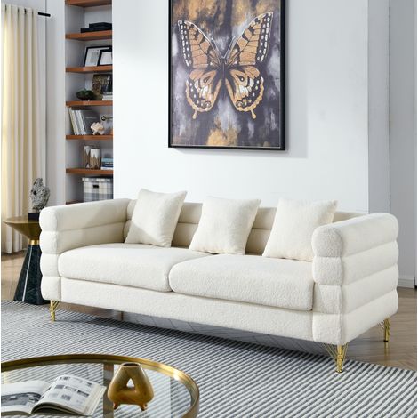 MODFU – Set de sofás con forma de nube de 3 y 2 plazas de tejido bouclé con respaldo y reposabrazos ondulados superpuestos, asiento de espuma y muelles, patas de metal dorado – Blanco teddy (1/5)