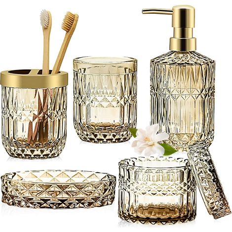 Ensemble 5 Pièces Accessoire Salle De Bain, Verre Doré, Distributeur Savon, Porte-Savon, Pour Maison