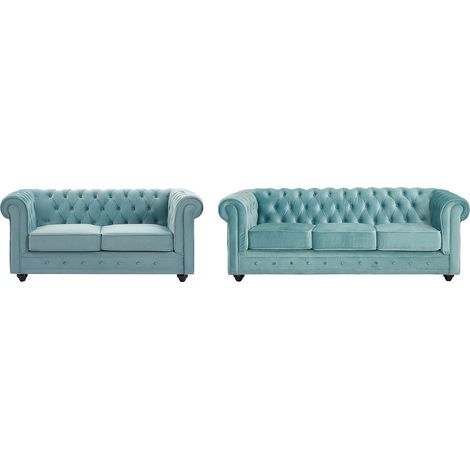 Divano 3 posti e 2 posti in Velluto Blu pastello - CHESTERFIELD