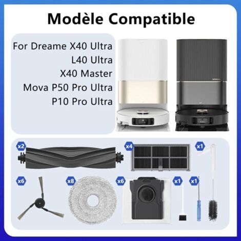 NALOOKAMIC Lot de 29 Accessoires pour Robot aspirateur Dreame X40 Ultra/L40 Ultra/X40 Master/Mova P50 Pro Ultra/P10 Pro Ultra, 2 brosses à Rouleau, 6 brosses latérales, 6 Sacs à poussière, 8 lingettes