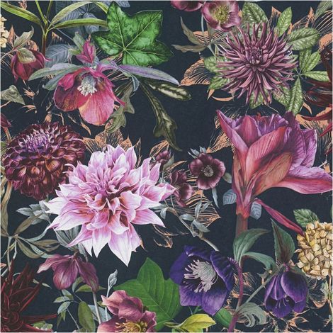 Flowers wallcovering wall Profhome 381756 smooth non-woven non-textured wallpaper with floral ornaments matt black purple pink green 5.33 m2 (1/5)