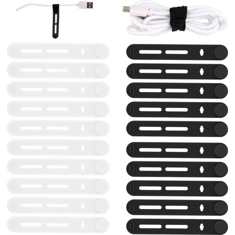 20er-Pack wiederverwendbare Silikon-Kabelbinder, verstellbar für Ladekabel, Kopfhörer, Computer, Büro, Reisezubehör (schwarz + weiß)